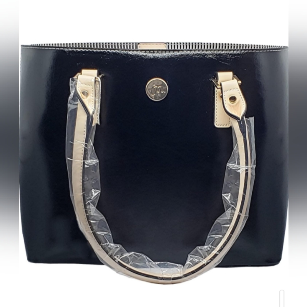 Jessica Moore Black Faux Patent Leather Tote Bag